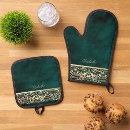 Ensemble De Gant De Cuisine Et De Manique Élégant Chic Gold Tourne Vert