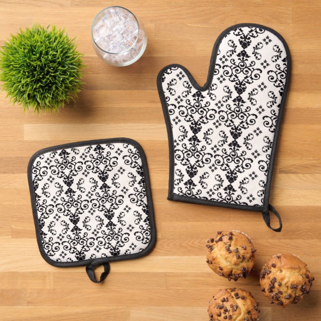 Ensemble De Gant De Cuisine Et De Manique Elegant Damask (De haut en bas)