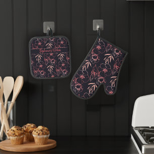 Ensemble De Gant De Cuisine Et De Manique Élégant Fleurs De Parties scintillant Rose Et Mono