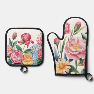 Ensemble De Gant De Cuisine Et De Manique Élégant Four Floral Garden Mitt & Pot Holders