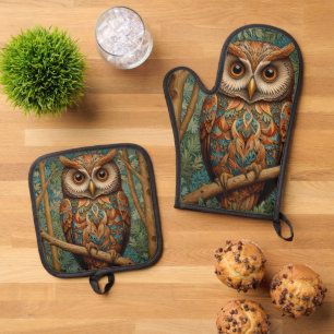 Ensemble De Gant De Cuisine Et De Manique Élégant hibou rétro boho bohème bohème forêt verte