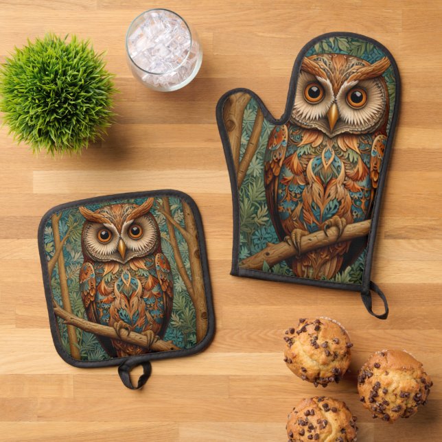 Ensemble De Gant De Cuisine Et De Manique Élégant hibou rétro boho bohème bohème forêt verte (De haut en bas)