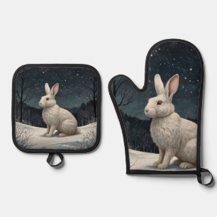 Ensemble De Gant De Cuisine Et De Manique Elégant lapin blanc Noël forêt enneigée