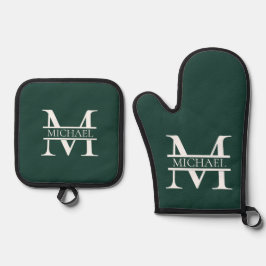 Ensemble De Gant De Cuisine Et De Manique Élégant Monogramme et nom Emerald Green Personnali