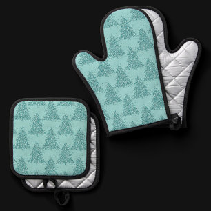 Ensemble De Gant De Cuisine Et De Manique Élégant Motif d'arbre Luxe Aqua Mint Christmas