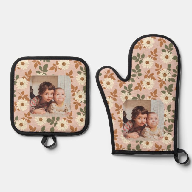 Ensemble De Gant De Cuisine Et De Manique Elégant motif floral avec photo personnalisée (Recto)