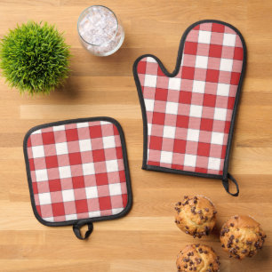 Ensemble De Gant De Cuisine Et De Manique Élégant Pique-nique Campagne À damiers Rouge Blanc