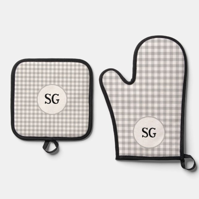 Ensemble De Gant De Cuisine Et De Manique En vichy Monogramme gris (Recto)