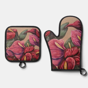 Ensemble De Gant De Cuisine Et De Manique ensemble de mitaines à four anthurium rouge et ros