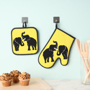 Ensemble De Gant De Cuisine Et De Manique Ensemble de porte-pots et d'agrafe à deux éléphant