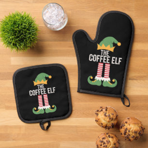 Ensemble De Gant De Cuisine Et De Manique Famille de lutins de café Groupe assorti Noël