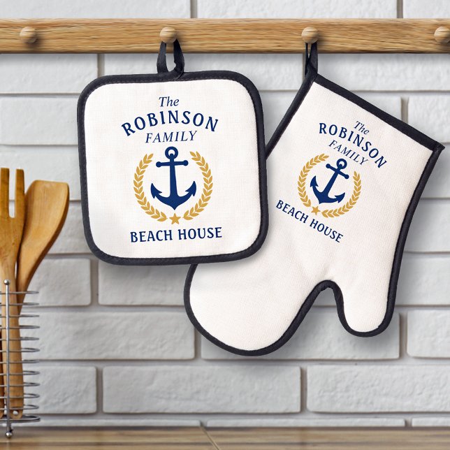 Ensemble De Gant De Cuisine Et De Manique Family Beach House Ancre Gold Laurel Star White (Créateur téléchargé)