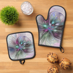 Ensemble De Gant De Cuisine Et De Manique Fantaisie Abstraite Moderne Fleur Fractale Colorée