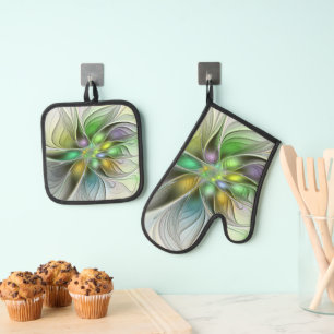 Ensemble De Gant De Cuisine Et De Manique Fantaisie de fleurs colorée abstraite moderne frac