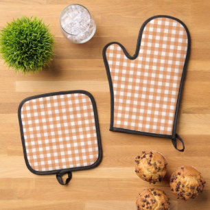 Ensemble De Gant De Cuisine Et De Manique Faye et Lauren Orange En vichy