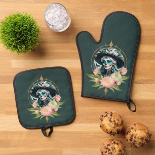 Ensemble De Gant De Cuisine Et De Manique Femme étonnante avec un maquillage crâne à sucre é