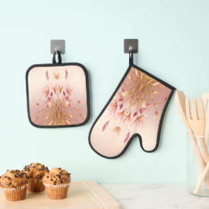 Ensemble De Gant De Cuisine Et De Manique Feuille rose Golden Four Floral Mitt & Pot Porte