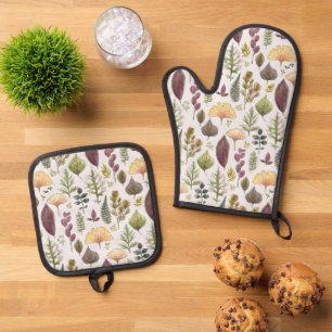 Ensemble De Gant De Cuisine Et De Manique Feuilles d'automne et fougères sur fond blanc