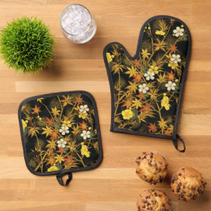 Ensemble De Gant De Cuisine Et De Manique Feuilles d'automne japonaises Antique botanique