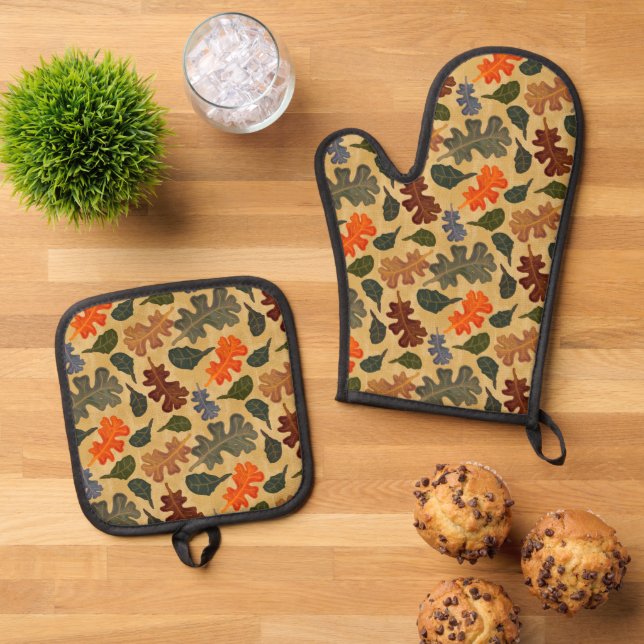Ensemble De Gant De Cuisine Et De Manique Feuilles de chêne d'automne (De haut en bas)