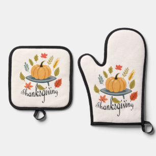 Ensemble De Gant De Cuisine Et De Manique Feuilles de Thanksgiving et citrouille aux couleur
