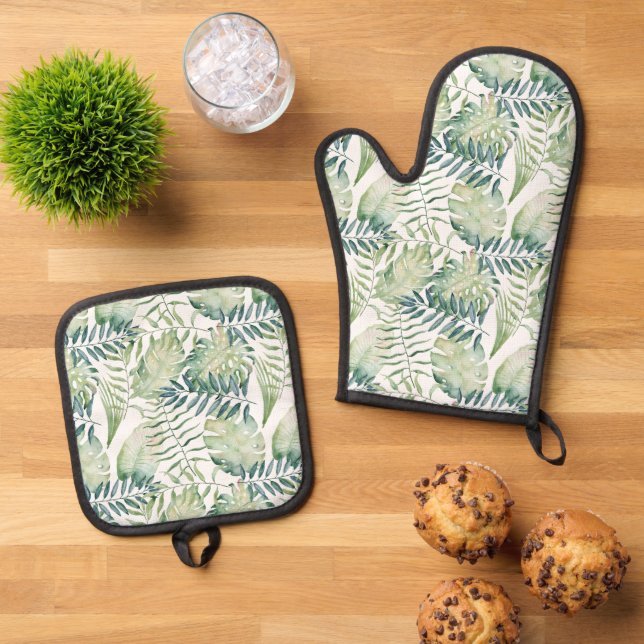 Ensemble De Gant De Cuisine Et De Manique Feuilles verts tropicaux (De haut en bas)