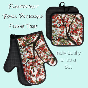 Ensemble De Gant De Cuisine Et De Manique Flamboyant Royal Poinciana Tree Rouge Noir Blanc