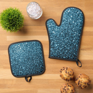 Ensemble De Gant De Cuisine Et De Manique Flamme de parties scintillant bleu clair