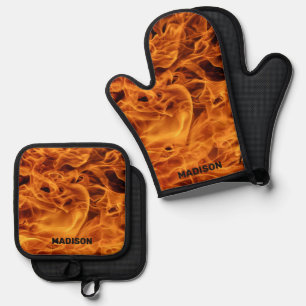 Ensemble De Gant De Cuisine Et De Manique Flammes d'incendie de nom personnalisé