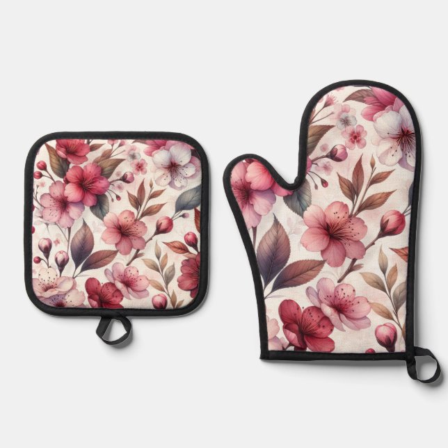Ensemble De Gant De Cuisine Et De Manique Fleur de cerise (Recto)