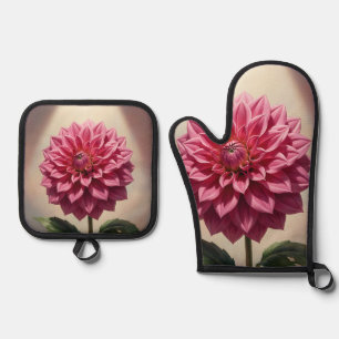 Ensemble De Gant De Cuisine Et De Manique Fleur de Dahlia Rose Botanique