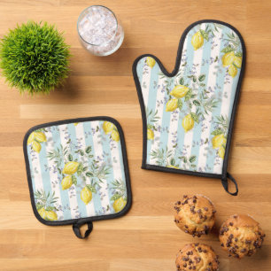 Ensemble De Gant De Cuisine Et De Manique Fleur d'Itale au citron rayure florale méditerrané
