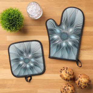 Ensemble De Gant De Cuisine Et De Manique Fleur joyeuse abstraite fleur bleue grise fractale