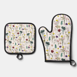 Ensemble De Gant De Cuisine Et De Manique Fleur Sauvage Vibrante
