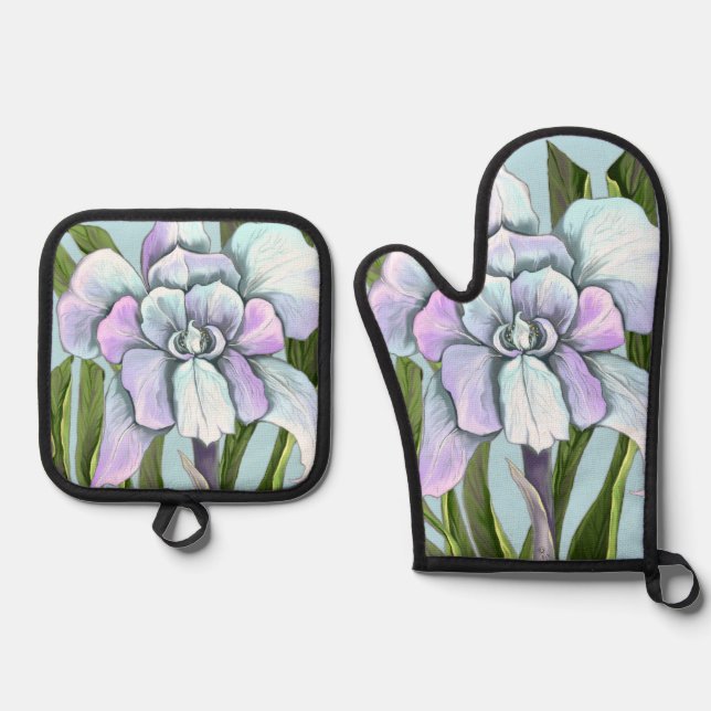 Ensemble De Gant De Cuisine Et De Manique Fleur Smeraldo (Recto)