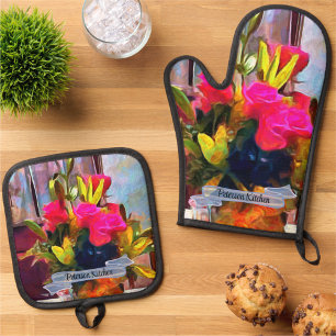 Ensemble De Gant De Cuisine Et De Manique Fleurs d'amour PM0001