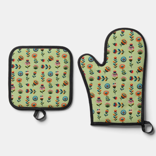 Ensemble De Gant De Cuisine Et De Manique Fleurs d'art populaire (Recto)