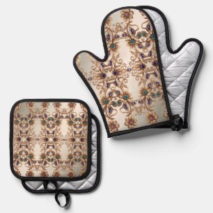 Ensemble De Gant De Cuisine Et De Manique Fleurs de bijoux en or élégants