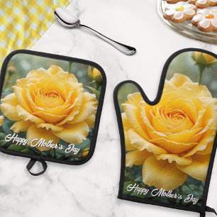 Ensemble De Gant De Cuisine Et De Manique Fleurs de rose jaune pour la fête des mères Élégan