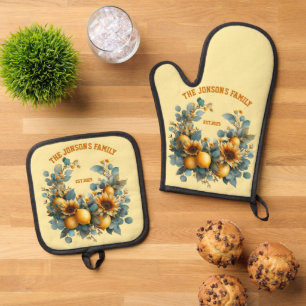 Ensemble De Gant De Cuisine Et De Manique Fleurs de soleil et citrons d'automne Décor famili