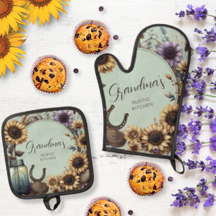 Ensemble De Gant De Cuisine Et De Manique Fleurs de soleil rustiques de la cuisine de grand-