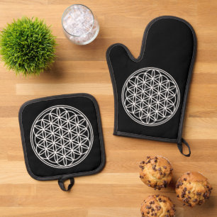 Ensemble De Gant De Cuisine Et De Manique FLEURS DE VIE - Symbole de géométrie sacrée plan 2