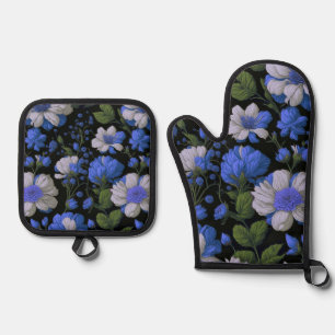 Ensemble De Gant De Cuisine Et De Manique Fleurs rétro élégantes argent bleu blanc