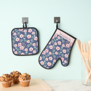 Ensemble De Gant De Cuisine Et De Manique Fleurs roses Élégant Motif