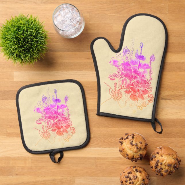 Ensemble De Gant De Cuisine Et De Manique Fleurs roses et violettes (De haut en bas)