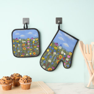 Ensemble De Gant De Cuisine Et De Manique Fleurs sauvages avec marguerites