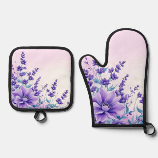 Ensemble De Gant De Cuisine Et De Manique Fleurs violettes