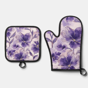 Ensemble De Gant De Cuisine Et De Manique Fleurs violettes aquarelle fleurs violettes peinte