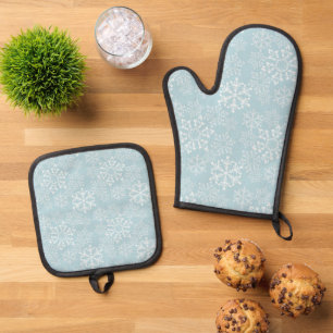 Ensemble De Gant De Cuisine Et De Manique Flocons de neige blancs d'hiver bleu