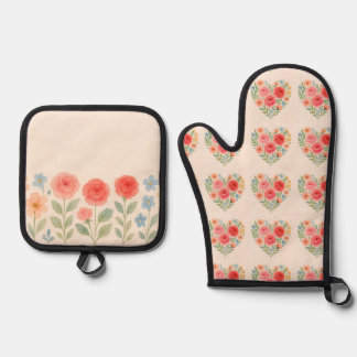 Ensemble De Gant De Cuisine Et De Manique Floral